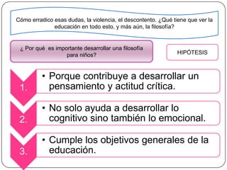 Cómo erradico esas dudas, la violencia, el descontento. ¿Qué tiene que ver la
              educación en todo esto, y más aún, la filosofía?


 ¿ Por qué es importante desarrollar una filosofía
                  para niños?                                  HIPÓTESIS



          • Porque contribuye a desarrollar un
 1.         pensamiento y actitud crítica.

          • No solo ayuda a desarrollar lo
 2.         cognitivo sino también lo emocional.

          • Cumple los objetivos generales de la
 3.         educación.
 