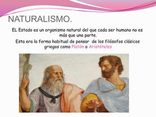NATURALISMO.
EL Estado es un organismo natural del que cada ser humano no es
                       más que una parte.
 Esta era la forma habitual de pensar de los filósofos clásicos
                griegos como Platón o Aristóteles
 