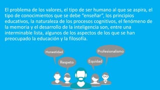 El problema de los valores, el tipo de ser humano al que se aspira, el
tipo de conocimientos que se debe “enseñar”, los principios
educativos, la naturaleza de los procesos cognitivos, el fenómeno de
la memoria y el desarrollo de la inteligencia son, entre una
interminable lista, algunos de los aspectos de los que se han
preocupado la educación y la filosofía.
 