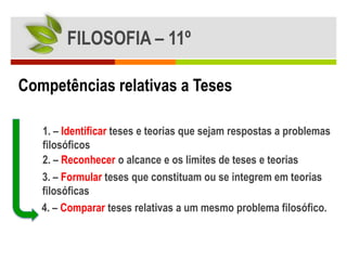 FILOSOFIA – 11º

Competências relativas a Teses

   1. – Identificar teses e teorias que sejam respostas a problemas
   filosóficos
   2. – Reconhecer o alcance e os limites de teses e teorias
   3. – Formular teses que constituam ou se integrem em teorias
   filosóficas
   4. – Comparar teses relativas a um mesmo problema filosófico.
 