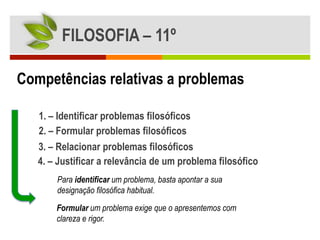 FILOSOFIA – 11º

Competências relativas a problemas

   1. – Identificar problemas filosóficos
   2. – Formular problemas filosóficos
   3. – Relacionar problemas filosóficos
   4. – Justificar a relevância de um problema filosófico
       Para identificar um problema, basta apontar a sua
       designação filosófica habitual.
       Formular um problema exige que o apresentemos com
       clareza e rigor.
 