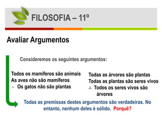 FILOSOFIA – 11º

Avaliar Argumentos

    Consideremos os seguintes argumentos:

 Todos os mamíferos são animais    Todas as árvores são plantas
 As aves não são mamíferos         Todas as plantas são seres vivos
 ∴ Os gatos não são plantas        ∴ Todos os seres vivos são
                                       árvores
      Todas as premissas destes argumentos são verdadeiras. No
               entanto, nenhum deles é sólido. Porquê?
 