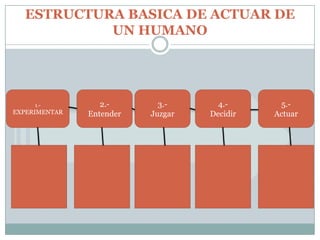 ESTRUCTURA BASICA DE ACTUAR DE
UN HUMANO
1.- 2.- 3.- 4.- 5.-
EXPERIMENTAR Entender Juzgar Decidir Actuar