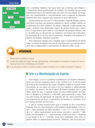 Ensino Médio

                              rico e, também, dialético. Isto quer dizer que a história, para Hegel, é
                              o desenrolar dessa manifestação do Espírito. Na medida em que uma
                              determinada época da história entra em crise, ela encontrará sua nega-
                              ção, sua contrariedade e, sucessivamente essa a negação se deparará
                              também com uma negação que superará as duas anteriores.
                                  Assim também se dá com o conhecimento, segundo Hegel: uma te-
                              oria (tese) encontra sua negação (antítese) e, desse conflito, elabora-se
                              a superação das duas (síntese). As idéias, enquanto conhecimento hu-
                              mano, evoluem num desenrolar espiral da mesma forma que a histó-
   < www2.bc.edu
                              ria. E o que temos nisso tudo é o movimento do próprio Espírito, isto
                              é, da Idéia que se desenvolve na natureza, em função do reencontro,
                              da retomada de si, da sua auto-consciência. A história dos homens é a
                              história do Espírito Absoluto, portanto.
                                  Essa exposição simples não completa todo o emaranhado de idéias
                              sobre as teorias de Hegel. Mas elas já nos fornecem um suporte neces-
                              sário para compreender o pensamento do filósofo sobre a arte.


               	atividade

     	    Responda às questões a seguir.
     1.	 A partir das idéias de Hegel, até aqui apresentadas, como podemos entender a função do homem
         nesse processo de manifestação do Espírito?
     2.	 A construção do saber, da ciência, pode ter alguma relação com o saber do Espírito? Explique.



                              z Arte e a Manifestação do Espírito
                                  Para Hegel, a arte é a primeira manifestação do Espírito Absoluto,
                              já no seu terceiro momento, isto é, o de “retorno-a si”. A arte faz parte
                              da tomada de consciência de si que o Espírito realiza no homem (sub-
                              jetivamente na sua alma, na razão e no seu espírito; e objetivamente
                              no direito, na moral e na ética) agora de forma absoluta, isto é, pela
                              Idéia. Além da arte, a segunda forma de auto-conhecimento do Espí-
                              rito é a Religião e a terceira é a Filosofia, uma superando a outra. Elas
                              são três formas de apreensão do Espírito, de sua auto-consciência, e
                              são responsáveis de levar a consciência do homem ao absoluto. A ar-
                              te é forma sensível de fazer isso.
                                  A arte é a forma sensível pela qual a verdade se dá à consciência
                              humana. Em sua obra Preleções sobre Estética Hegel define a arte co-
                              mo “...uma emanação da idéia absoluta...” (HEGEL, 1997, p. 149), cujo conteú­
                              do é a “...idéia representada numa forma concreta e sensível...” (Ibi-
                              dem). Sua finalidade é a “...representação sensível do belo...” (Ibidem)
                              e sua função é de a “...conciliar, numa livre totalidade, estes dois as-
                              pectos: idéia e a representação sensível.” (Ibidem). Arte faz parte des-

310 Estética
 