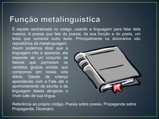 É aquela centralizada no código, usando a linguagem para falar dela
mesma. A poesia que fala da poesia, da sua função e do poeta, um
texto que comenta outro texto. Principalmente os dicionários são
repositórios de metalinguagem.
Assim podemos dizer que a
linguagem não é aparente, ela
depende de um conjunto de
fatores que permeiam os
variados grupos sociais que
compomos em nossa vida
diária. Desde de criança
aprendendo com a Fala até o
aprimoramento da escrita e da
linguagem falada atingindo o
nível culto de sua língua.

Referência ao próprio código, Poesia sobre poesia, Propaganda sobre
Propaganda, Dicionário
 