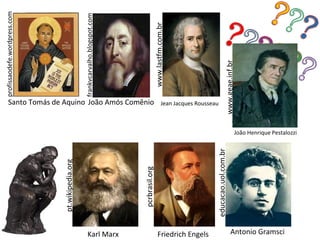 profissaodefe.wordpress.com




                       pt.wikipedia.org

                                                                                                                   frankvcarvalho.blogspot.com




Karl Marx
                                                                         Santo Tomás de Aquino João Amós Comênio




                        pcrbrasil.org
                                                                                                                      www.lastfm.com.br




Friedrich Engels
                                                                         Jean Jacques Rousseau




                      educacao.uol.com.br
    Antonio Gramsci                                                    www.geae.inf.br
                                            João Henrique Pestalozzi
 