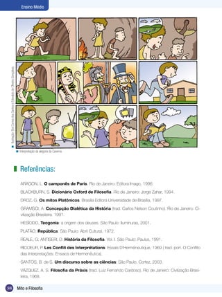 38 Mito e Filosofia
Ensino Médio
Referências:
ARAGON, L. O camponês de Paris. Rio de Janeiro: Editora Imago, 1996.
BLACKBURN, S. Dicionário Oxford de Filosofia. Rio de Janeiro: Jorge Zahar, 1994.
DROZ, G. Os mitos Platônicos. Brasília Editora Universidade de Brasília, 1997.
GRAMSCI, A. Concepção Dialética da História (trad. Carlos Nelson Coutinho). Rio de Janeiro: Ci-
vilização Brasileira. 1991.
HESÍODO, Teogonia: a origem dos deuses. São Paulo: Iluminuras, 2001.
PLATÃO; República. São Paulo: Abril Cultural, 1972.
REALE, G; ANTISERI, D. História da Filosofia. Vol. I. São Paulo: Paulus, 1991.
RICOEUR, P. Les Conflit des Interprétations: Essais D’Herméneutique, 1969 ( trad. port. O Conflito
das Interpretações: Ensaios de Hermenêutica).
SANTOS, B. de S. Um discurso sobre as ciências; São Paulo, Cortez, 2003.
VÁZQUEZ, A. S. Filosofia da Práxis (trad. Luiz Fernando Cardoso). Rio de Janeiro: Civilização Brasi-
leira, 1968.
z
Interpretação da alegoria da Caverna.<
Ilustração:EloiCorreadosSantoseEdevaldodeOliveiraGonçalves.<
 