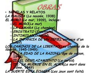• NOVELAS Y RELATOS
LA NAUSEA (La nausée, 1938)
EL MURO (Le mur, 1939), incluye:
– EL MURO(Le mur)
– LA CAMARA (La chambre)
– EROSTRATO (Érostrate)
– INTIMIDAD(Intimité)
– LA INFANCIA DE UN JEFE(L'enfance d'un
chef)
LOS CAMINOS DE LA LIBERTAD(Les chemins de la
liberté, 1945–1949):
– I: LA EDAD DE LA RAZON(L'âge de raison,
1945)
– II: EL DESPLAZAMIENTO (Le sursis)
– III: LA MUERTE EN EL ALMA(La mort dans
l'âme, 1949)
LA SUERTE ESTA ECHADA (Les jeux sont faits)

 