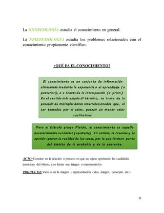 21
La GNOSEOLOGÍA estudia el conocimiento en general.
La EPISTEMOLOGÍA estudia los problemas relacionados con el
conocimiento propiamente científico.
¿QUÉ ES EL CONOCIMIENTO?
ACTO: Consiste en la relación o proceso en que un sujeto aprehende las cualidades
esenciales del objeto, y se forma una imagen o representación.
PRODUCTO: Viene a ser la imagen o representación (idea, imagen, concepto, etc.)
El conocimiento es un conjunto de información
almacenada mediante la experiencia o el aprendizaje (a
posteriori), o a través de la introspección (a priori).
En el sentido más amplio dl término, se trata de la
posesión de múltiples datos interrelacionados que, al
ser tomados por sí solos, poseen un menor valor
cualitativo.
Para el filósofo griego Platón, el conocimiento es aquello
necesariamente verdadero (episteme). En cambio, la creencia y la
opinión ignoran la realidad de las cosas, por lo que forman parte
del ámbito de lo probable y de lo aparente.
Lee todo en: Definición de conocimiento - Qué es, Significado y Concepto
http://definicion.de/conocimiento/#ixzz3dL62JXlc
 