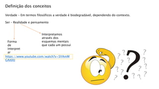 Definição dos conceitos
Verdade – Em termos filosóficos a verdade é biodegradável, dependendo do contexto.
Ser – Realidade e pensamento
Forma
de
interpret
ar
Interpretamos
através dos
esquemas mentais
que cada um possui
https://www.youtube.com/watch?v=SYAmM
GAi6lU
 