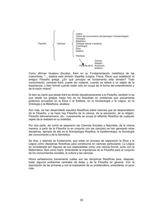 35
Lógica
Teoría del conocimiento (Gnoseología o Epistemología)
Ontología
Metafísica
Filosofía Teóricas Teología natural o teodicea
Cosmología
Ética
Estética
Prácticas
Ciencia
Religión
Filosofía de la…Educación
etcétera
Como afirman Gustavo Escobar, Kant en su Fundamentación metafísica de las
costumbres, "... explica esta división tripartita (Lógica, Física, Ética) que estableció el
antiguo Filosofía griega. ¿En qué principio se fundamenta esta división? Todo
conocimiento, comenta Kant, puede ser material, cuando se refiere a un objeto de la
experiencia, o bien formal cuando están sólo se ocupa de la forma del entendimiento y
de la razón misma".
Si bien es cierto que desde Kant se dividió disciplinariamente a la Filosofía, también lo es
que desde los griegos hasta hoy se ha filosofado en problemas que actualmente
podemos encuadrar en la Ética o la Estética, en la Gnoseología o la Lógica, en la
Ontología o la Metafísica, etcétera.
Aún más, se han desarrollado estudios filosóficos sobre ciencias que se desprendieron
de la Filosofía, y se hace hoy Filosofía de la ciencia, de la educación, de la religión,
Filosofía latinoamericana, etc., nuevamente se ocupa la reflexión filosófica de cualquier
objeto de la realidad en su totalidad.
Por otra parte, así como se separaron las Ciencias Sociales y Naturales, de la misma
manera, a partir de la Filosofía (o en conjunto con las ciencias) se han generado otras
disciplinas, ejemplo de ello es la Antropología filosófica, la Epistemología, la Sociología
del conocimiento y de la Semiótica.
Se dice, y además se fundamenta, que están en proceso de separación la Ética y la
Lógica como disciplinas filosóficas para constituirse en ciencias particulares. La Lógica
es considerada por algunos de sus especialistas como una ciencia formal, junto con la
Matemática. Sea como fuere, entenderás la importancia de la Filosofía para el conjunto
de los conocimientos sociales, la cultura y las ciencias.
Ahora señalaremos brevemente cuáles son las disciplinas filosóficas para, después,
tratar algunos problemas centrales de éstas y de la Filosofía en general. Con la
descripción de las primeras y con la explicación de su problemática, entenderás un poco
más.
 