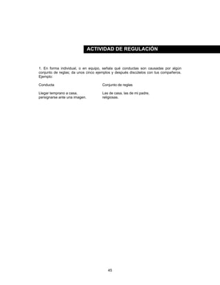 45
1. En forma individual, o en equipo, señala qué conductas son causadas por algún
conjunto de reglas; da unos cinco ejemplos y después discútelos con tus compañeros.
Ejemplo:
Conducta Conjunto de reglas
Llegar temprano a casa, Las de casa, las de mi padre,
persignarse ante una imagen. religiosas.
ACTIVIDAD DE REGULACIÓN
 