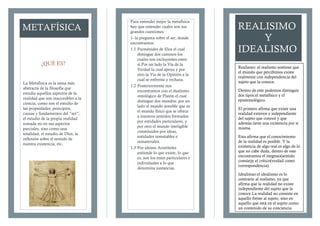 METAFÍSICA REALISIMO
Y
IDEALISMO
¿QUÉ ES?
La Metafísica es la rama más
abstracta de la filosofía que
estudia aquellos aspectos de la
realidad que son inaccesibles a la
ciencia, como son el estudio de
las propiedades, principios,
causas y fundamentos del “ser”;
el estudio de la propia realidad
tomada no en sus aspectos
parciales, sino como una
totalidad; el estudio de Dios; la
reflexión sobre el sentido de
nuestra existencia, etc.
Para entender mejor la metafísica
hay que entender cuales son sus
grandes cuestiones:
1- la pregunta sobre el ser, donde
encontramos:
1.1 Parménides de Elea el cual
distingue dos caminos los
cuales son excluyentes entre
sí.Por un lado la Vía de la
Verdad la cual apoya y por
otro la Vía de la Opinión a la
cual se enfrenta y rechaza.
1.2 Posteriormente nos
encontramos con el dualismo
ontológico de Platón el cual
distingue dos mundos: por un
lado el mundo sensible que es
el mundo físico que se ofrece
a nuestros sentidos formados
por entidades particulares, y
por otro el mundo inteligible
constituidos por ideas,
entidades inmutables e
inmateriales.
1.3 Por último Aristóteles
entiende lo que existe, lo que
es, son los entes particulares e
individuales a lo que
denomina sustancias.
 
Realismo: el realismo sostiene que
el mundo que percibimos existe
realmente con independencia del
sujeto que la conoce.
Dentro de este podemos distinguir
dos tipos:el metafísico y el
epistemológico.
El primero afirma que existe una
realidad exterior e independiente
del sujeto que conocé y que
además tiene una existencia por sí
misma.
Esta afirma que el conocimiento
de la realidad es posible. Y la
existencia de algo real es algo de lo
que no cabe duda, dentro de este
encontramos el inegnuo(sentido
común)y el crítico(verdad como
correspondencia).
Idealimso:el idealismo es lo
contrario al realismo, ya que
afirma que la realidad no existe
independiente del sujeto que la
conoce.La realidad no consiste en
aquello frente al sujeto, sino en
aquello que está en el sujeto como
un contenido de su conciencia
 