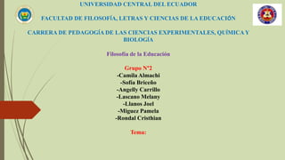 UNIVERSIDAD CENTRAL DEL ECUADOR
FACULTAD DE FILOSOFÍA, LETRAS Y CIENCIAS DE LA EDUCACIÓN
CARRERA DE PEDAGOGÍA DE LAS CIENCIAS EXPERIMENTALES, QUÍMICAY
BIOLOGÍA
Filosofía de la Educación
Grupo N°2
-Camila Almachi
-Sofía Briceño
-Angelly Carrillo
-Lascano Melany
-Llanos Joel
-Miguez Pamela
-Rondal Cristhian
Tema:
 