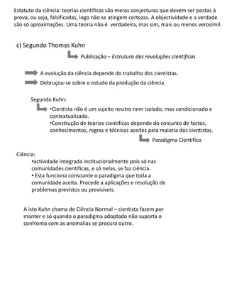 Estatuto da ciência: teorias científicas são meras conjecturas que devem ser postas à
prova, ou seja, falsificadas, logo não se atingem certezas. A objectividade e a verdade
são só aproximações. Uma teoria não é verdadeira, mas sim, mais ou menos verosímil.


 c) Segundo Thomas Kuhn
                           Publicação – Estrutura das revoluções científicas

          A evolução da ciência depende do trabalho dos cientistas.
          Debruçou-se sobre o estudo da produção da ciência.

      Segundo Kuhn:
              •Cientista não é um sujeito neutro nem isolado, mas condicionado e
              contextualizado.
              •Construção de teorias cientificas depende do conjunto de factos,
              conhecimentos, regras e técnicas aceites pela maioria dos cientistas.
                                                         Paradigma Científico

 Ciência:
       •actividade integrada institucionalmente pois só nas
       comunidades cientificas, e só nelas, se faz ciência.
       • Esta funciona consoante o paradigma que toda a
       comunidade aceita. Procede a aplicações e resolução de
       problemas previstos ou previsíveis.


   A isto Kuhn chama de Ciência Normal – cientista fazem por
   manter e só quando o paradigma adoptado não suporta o
   confronto com as anomalias se procura outro.
 
