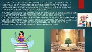 LA FILOSOFÍA EN LA EDUCACIÓN PERMITE ESTABLECER LOS FUNDAMENTOS
FILOSÓFICAS DE LA TEORÍA PEDAGÓGICA QUE SUSTENTA AL PROCESO DE
ENSEÑANZA APRENDIZAJE. ASIMISMO, SIRVE DE BASE A LOS FUNDAMENTOS
SOCIOLÓGICOS Y PSICOLÓGICOS DE DICHO PROCESO.
PERMITE LA FORMACIÓN DE CIUDADANOS CON CAPACIDAD CRÍTICA, CREATIVA Y CON
UNA ACTITUD ÉTICA; POSIBILITANDO AL DOCENTE LA ADQUISICIÓN DE
CONOCIMIENTOS CON EL FIN DE PODER TRANSMITIRLOS A SUS ESTUDIANTES; POR TAL
MOTIVO, EL EDUCADOR DEBE POSEER CAPACIDADES INTELECTUALES QUE FACILITEN LA
COMPRENSIÓN Y EL ANÁLISIS, LO QUE ENCAMINARÁ AL DESARROLLO DE SU
PENSAMIENTO CRÍTICO Y AUTÓNOMO Y EL DE SUS ESTUDIANTES.
 