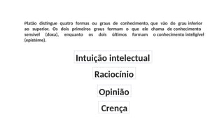 Platão distingue quatro formas ou graus de conhecimento, que vão do grau inferior
ao superior. Os dois primeiros graus formam o que ele chama de conhecimento
sensível (doxa), enquanto os dois últimos formam o conhecimento inteligível
(epistéme).
Crença
Opinião
Raciocínio
Intuição intelectual
 