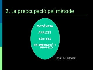 2. La preocupació pel mètode EVIDÈNCIA ANÀLISI SÍNTESI ENUMERACIÓ I REVISIÓ REGLES DEL MÈTODE 