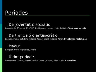 Períodes   De joventut o socràtic Apologia de Sòcrates, Ió, Critó, Protàgores, Laques, Lisis, Eutifró.  Qüestions morals De trancisió o antisocràtic Gòrgies, Menó, Eutidem, Hippies Menor, Cràtil, Hippies Major.  Problemes metafísics Madur Banquet, Fedó, República, Fedre Últim període Parmènides, Teetet, Sofista, Polític, Timeu, Críties, Fileb, Lleis.  Autocrítica 