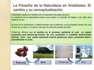 La Filosofía de la Naturaleza en Aristóteles: El
cambio y su conceptualización
Aristóteles explica el cambio con el esquema de potencia-acto.
La potencia es la capacidad pasiva que posee un sustrato de llegar a ser algo que
todavía no es.
El acto es la realización o determinación de la potencia, es la posesión actual de una
forma en un aquí y un ahora, del que la potencia estaba privado.
Podemos afirmar que el cambio es el proceso mediante el cual un sujeto
(sustrato), que carecía (privación) de una condición o cualidad determinada
(forma), pero que podía realmente tenerla (potencia), pasa a poseerla total o
parcialmente en acto.
Potencia Acto
 