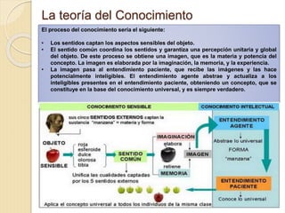 La teoría del Conocimiento
El proceso del conocimiento sería el siguiente:
• Los sentidos captan los aspectos sensibles del objeto.
• El sentido común coordina los sentidos y garantiza una percepción unitaria y global
del objeto. De este proceso se obtiene una imagen, que es la materia y potencia del
concepto. La imagen es elaborada por la imaginación, la memoria, y la experiencia.
• La imagen pasa al entendimiento paciente, que recibe las imágenes y las hace
potencialmente inteligibles. El entendimiento agente abstrae y actualiza a los
inteligibles presentes en el entendimiento paciente, obteniendo un concepto, que se
constituye en la base del conocimiento universal, y es siempre verdadero.
 