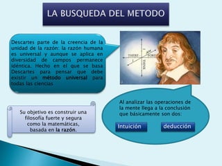 Descartes parte de la creencia de la
unidad de la razón: la razón humana
es universal y aunque se aplica en
diversidad de campos permanece
idéntica. Hecho en el que se basa
Descartes para pensar que debe
existir un método universal para
todas las ciencias
Al analizar las operaciones de
la mente llega a la conclusión
que básicamente son dos:
Intuición deducción
Su objetivo es construir una
filosofía fuerte y segura
como la matemáticas,
basada en la razón.
 