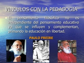 VINCULOS CON LA PEDAGOGIA El pensamiento filosófico no es independiente del pensamiento educativo ya que se influyen y complementan, primando la educación en libertad. PAULO FREIRE 