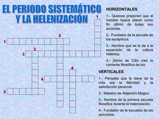 HORIZONTALES
                        1       1.- Quienes proponen que el
                                hombre busca placer como
                                fin último de todas sus
                                acciones.
                2               2.- Fundador de la escuela de
                                los escépticos.
1
                                3.- Nombre que se le da a la
        3                       expansión de la cultura
    3                           helénica.
                                4.- Zenón de Citio creó la
                                corriente filosófica de los:
                    4
                            VERTICALES
            4               1.- Pensaba que la clave de la
                            vida era la felicidad y la
                            satisfacción personal.
2                           2.- Maestro de Alejandro Magno.
                            3.- Nombre de la primera escuela
                            filosófica durante la helenización.
                            4.- Fundador de la escuelos de los
                            epicúreos.
 