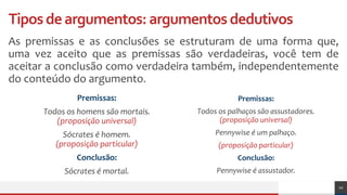 Tiposdeargumentos:argumentosdedutivos
As premissas e as conclusões se estruturam de uma forma que,
uma vez aceito que as premissas são verdadeiras, você tem de
aceitar a conclusão como verdadeira também, independentemente
do conteúdo do argumento.
10
Premissas:
Todos os homens são mortais.
(proposição universal)
Sócrates é homem.
(proposição particular)
Conclusão:
Sócrates é mortal.
Premissas:
Todos os palhaços são assustadores.
(proposição universal)
Pennywise é um palhaço.
(proposição particular)
Conclusão:
Pennywise é assustador.
 