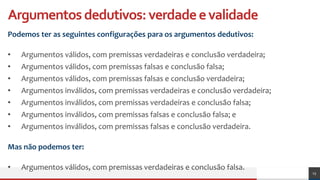 Argumentosdedutivos:verdadeevalidade
Podemos ter as seguintes configurações para os argumentos dedutivos:
• Argumentos válidos, com premissas verdadeiras e conclusão verdadeira;
• Argumentos válidos, com premissas falsas e conclusão falsa;
• Argumentos válidos, com premissas falsas e conclusão verdadeira;
• Argumentos inválidos, com premissas verdadeiras e conclusão verdadeira;
• Argumentos inválidos, com premissas verdadeiras e conclusão falsa;
• Argumentos inválidos, com premissas falsas e conclusão falsa; e
• Argumentos inválidos, com premissas falsas e conclusão verdadeira.
Mas não podemos ter:
• Argumentos válidos, com premissas verdadeiras e conclusão falsa.
13
 