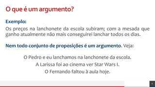 Oqueéumargumento?
Exemplo:
Os preços na lanchonete da escola subiram; com a mesada que
ganho atualmente não mais conseguirei lanchar todos os dias.
Nem todo conjunto de proposições é um argumento. Veja:
O Pedro e eu lanchamos na lanchonete da escola.
A Larissa foi ao cinema ver Star Wars I.
O Fernando faltou à aula hoje.
6
 