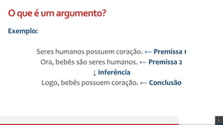 Oqueéumargumento?
Exemplo:
Seres humanos possuem coração. ← Premissa 1
Ora, bebês são seres humanos. ← Premissa 2
↓ Inferência
Logo, bebês possuem coração. ← Conclusão
7
 
