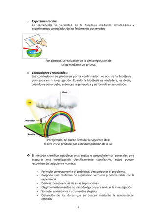 5
o Experimentación:
Se comprueba la veracidad de la hipótesis mediante simulaciones y
experimentos controlados de los fenómenos observados.
Por ejemplo, la realización de la descomposición de
la luz mediante un prisma.
o Conclusiones y enunciados:
Las conclusiones se producen por la confirmación –o no- de la hipótesis
planteada en la investigación. Cuando la hipótesis es verdadera; es decir,
cuando se comprueba, entonces se generaliza y se formula un enunciado.
Por ejemplo, se puede formular la siguiente idea:
el arco iris se produce por la descomposición de la luz.
 El método científico establece unas reglas o procedimientos generales para
asegurar una investigación científicamente significativa, estos pueden
resumirse de la siguiente manera:
- Formular correctamente el problema; descomponer el problema.
- Proponer una tentativa de explicación verosímil y contrastable con la
experiencia
- Derivar consecuencias de estas suposiciones
- Elegir los instrumentos no metodológicos para realizar la investigación.
- Someter aprueba los instrumentos elegidos
- Obtención de los datos que se buscan mediante la contrastación
empírica
 