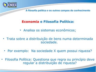 A filosofia política e os outros campos do conhecimento

Economia e Filosofia Política:
• Analisa os sistemas econômicos;
• Trata sobre a distribuição de bens numa determinada
sociedade.
• Por exemplo: Na sociedade X quem possui riqueza?
• Filosofia Política: Questiona que regra ou princípio deve
regular a distribuição de riqueza?

 