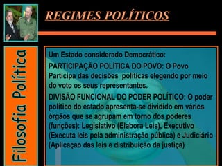 Um Estado considerado Democrático:  PARTICIPAÇÃO POLÍTICA DO POVO: O Povo Participa das decisões  políticas elegendo por meio do voto os seus representantes. DIVISÃO FUNCIONAL DO PODER POLÍTICO: O poder político do estado apresenta-se dividido em vários órgãos que se agrupam em torno dos poderes (funções): Legislativo (Elabora Leis), Executivo (Executa leis pela administração pública) e Judiciário (Aplicaçao das leis e distribuição da justiça) REGIMES POLÍTICOS Filosofia Política 