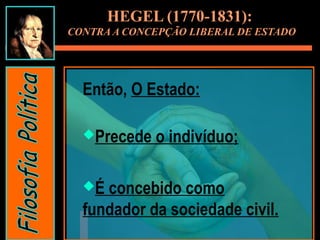 Então, O Estado:
Precede o indivíduo;
É concebido como
fundador da sociedade civil.
HEGEL (1770-1831):
CONTRA A CONCEPÇÃO LIBERAL DE ESTADO
 