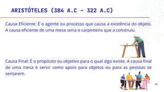 Causa Eficiente: É o agente ou processo que causa a existência do objeto.
A causa eficiente de uma mesa seria o carpinteiro que a construiu.
Causa Final: É o propósito ou objetivo para o qual algo existe. A causa final
de uma mesa é servir como apoio para objetos ou para as pessoas se
sentarem.
ARISTÓTELES (384 A.C – 322 A.C)
30
 