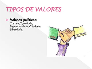    Valores políticos:
    Justiça, Igualdade,
    Imparcialidade, Cidadania,
    Liberdade.
 