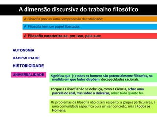 A  Filosofiaprocuraumacompreensãodatotalidade;A  Filosofia tem um papellibertador.A  Filosofiacaracteriza-se, porisso, pelasua:AUTONOMIARADICALIDADEHISTORICIDADEUNIVERSALIDADESignificaque  (1) todososhomenssãopotencialmentefilósofos, namedidaemqueTodosdispõemde capacidadesracionais.Porque a Filosofianão se debruça, como a Ciência, sobreumaparcela do real, massobre o Universo, sobretudoquantohá.Os problemasdaFilosofianãodizemrespeito  a gruposparticulares, a umacomunidadeespecíficaou a um ser concreto, mas a todososHomens.