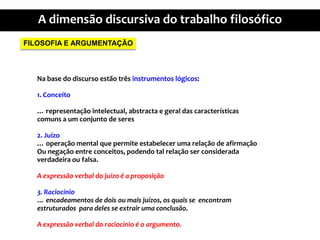 FILOSOFIA E ARGUMENTAÇÃONa base do discursoestãotrêsinstrumentoslógicos:1. Conceito… representaçãointelectual, abstracta e geral das característicascomuns a um conjunto de seres2. Juízo… operação mental quepermiteestabelecerumarelação de afirmaçãoOunegação entre conceitos, podendotalrelação ser consideradaverdadeiraoufalsa.A expressão verbal do juízo é a proposição3. Raciocínio… encadeamentos de doisoumaisjuízos, osquais se  encontramestruturadospara deles se extrairumaconclusão.A expressão verbal do raciocínio é o argumento.