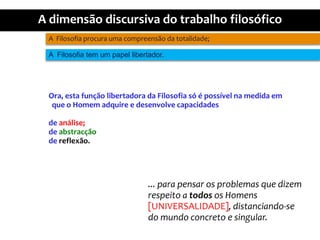 A  Filosofiaprocuraumacompreensãodatotalidade;A  Filosofia tem um papellibertador.Ora, estafunçãolibertadoradaFilosofiasó é possívelnamedidaemque o Homemadquire e desenvolvecapacidadesde análise;de abstracçãode reflexão.... parapensarosproblemasquedizemrespeito a todososHomens[UNIVERSALIDADE], distanciando-se do mundoconcreto e singular.