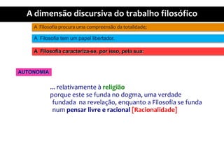 A  Filosofiaprocuraumacompreensãodatotalidade;A  Filosofia tem um papellibertador.A  Filosofiacaracteriza-se, porisso, pelasua:AUTONOMIA... relativamente à religiãoporqueeste se funda no dogma, umaverdadefundadanarevelação, enquanto a Filosofia se funda num pensarlivre e racional [Racionalidade]