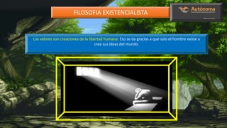 FILOSOFIA EXISTENCIALISTA
Los valores son creaciones de la libertad humana: Eso se da gracias a que solo el hombre existe y
crea sus ideas del mundo.
 