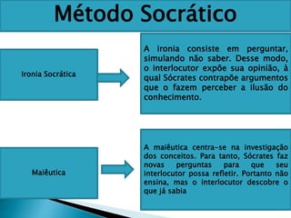 Método Socrático
Ironia Socrática
Maiêutica
A ironia consiste em perguntar,
simulando não saber. Desse modo,
o interlocutor expõe sua opinião, à
qual Sócrates contrapõe argumentos
que o fazem perceber a ilusão do
conhecimento.
A maiêutica centra-se na investigação
dos conceitos. Para tanto, Sócrates faz
novas perguntas para que seu
interlocutor possa refletir. Portanto não
ensina, mas o interlocutor descobre o
que já sabia
 