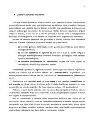 14




      • Quadro de conceitos operatórios


      A prática filosófica distingue-se, talvez em primeiro lugar, pela especificidade e radicalidade dos
temas/problemas que aborda, sejam eles metafísicos ou gnosiológicos, éticos ou estéticos, lógicos ou
epistemológicos. Mas o trabalho filosófico distingue-se também pela especificidade da linguagem que
utiliza, em particular pela especificidade dos conceitos que mobiliza. Cunhados e apurados ao longo da
História da Filosofia, é com eles que a Filosofia configura o discurso sobre os temas/problemas
abordados, assumindo portanto esses conceitos um carácter heurístico e operatório ou instrumental.
    De entre os conceitos operatórios com que trabalha a Filosofia, tomados como instrumentos
intelectuais de análise e de reflexão, poder-se-ão distinguir três grupos maiores:

          • os conceitos gerais ou transversais, aqueles que atravessam todas ou quase todas as
            abordagens temáticas;
          • os conceitos específicos ou regionais, aqueles com os quais a Filosofia configura a
            abordagem de temas/problemas particulares (metafísicos, gnosiológicos, éticos, estéticos,
            lógicos ou epistemológicos);
          • os conceitos metodológicos ou instrumentais, aqueles que dizem respeito às
            competências e à metodologia do trabalho filosófico.


    Os conceitos específicos ou regionais propostos à aprendizagem pelo presente programa são
aqueles que constam dos enunciados relativos aos Conteúdos/Temas programáticos, cuja
explicitação mais pormenorizada se pode ver nos quadros de Desenvolvimento do Programa (pp.
27-35).
    Relativamente aos conceitos gerais ou transversais e aos conceitos metodológicos ou
instrumentais, que hão-de informar, do princípio ao fim, o trabalho filosófico e a abordagem dos vários
temas/problemas, entendeu-se por bem dar-lhes um lugar de destaque (vide quadros abaixo).
    Pretendeu-se assim chamar a atenção para a importância da sua progressiva introdução e do seu
uso sistemático no trabalho do dia-a-dia, consideradas as suas vantagens (filosóficas) sobre os termos
mais vulgares da linguagem corrente.
    Não se circunscrevem a nenhuma rubrica programática específica; eles hão-de sim ser
introduzidos à medida da sua oportunidade e conveniência. Deverão ser aprendidos como se aprende,
naturalmente, uma língua. Cada docente fará um uso permanente e rigoroso deles, sempre que os
temas ou as actividades o exigirem; os alunos e as alunas utilizá-los-ão, também, progressivamente:
inicialmente de modo incerto, logo depois de forma mais segura e explícita.
 