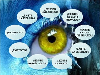 ¿QUÉ Y CÓMO
EXISTE LO QUE
EXISTE SI ES
QUE EXISTE?
¿EXISTE
LA PIZARRA?
¿EXISTES TU?
¿EXISTO YO?
¿EXISTE
GARCÍA LORCA?
¿EXISTE
LA MENTE?
¿EXISTE
LA LIBERTAD?
¿EXISTE
LA IDEA
DE BELLEZA?
¿EXISTEN
ESCACHI-
FRONCIOS?
¿EXISTEN
UNICORNIOS?
 