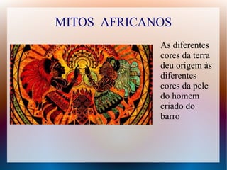 MITOS AFRICANOS
As diferentes
cores da terra
deu origem às
diferentes
cores da pele
do homem
criado do
barro
 