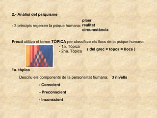 2.- Anàlisi del psiquisme
- 3 principis regeixen la psique humana:
plaer
realitat
circumstància
Freud utilitza el terme TÒPICA per classificar els llocs de la psique humana:
- 1a. Tòpica
- 2na. Tòpica
1a. tòpica
( del grec = topcs = llocs )
Descriu els components de la personalitat humana: 3 nivells
- Conscient
- Preconscient
- Inconscient
 