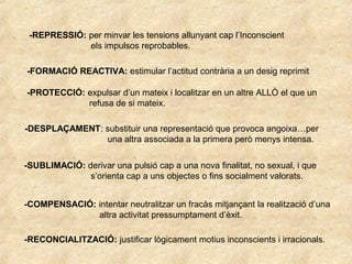 -REPRESSIÓ: per minvar les tensions allunyant cap l’Inconscient
els impulsos reprobables.
-FORMACIÓ REACTIVA: estimular l’actitud contrària a un desig reprimit
-PROTECCIÓ: expulsar d’un mateix i localitzar en un altre ALLÒ el que un
refusa de si mateix.
-DESPLAÇAMENT: substituir una representació que provoca angoixa…per
una altra associada a la primera però menys intensa.
-SUBLIMACIÓ: derivar una pulsió cap a una nova finalitat, no sexual, i que
s’orienta cap a uns objectes o fins socialment valorats.
-COMPENSACIÓ: intentar neutralitzar un fracàs mitjançant la realització d’una
altra activitat pressumptament d’èxit.
-RECONCIALITZACIÓ: justificar lògicament motius inconscients i irracionals.
 