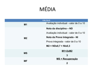 MÉDIA
CÁLCULO

M1

Avaliação individual - valor de 0 a 10
Nota da disciplina – ND
Avaliação individual - valor de 0 a 10

M2

Nota da Prova Integrada - NI
Prova integrada - valor de 0 a 10
M2 = NDx0,7 + NIx0,3

MS
MF

M1+2xM2
3
MS + Recuperação
2

 